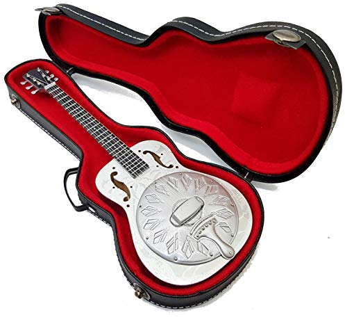 Mini Guitar Dire Straits Mark Knopfler Dobro Brothers in Arms Tribute Model + Hardcase Box Miniaturen im Maßstab 1:4 Miniatur Gitarre mit Sammlertasche Musik Gadget Rock