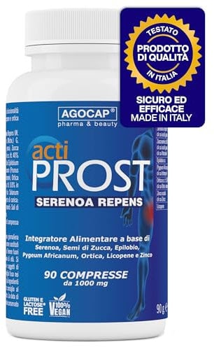 Actiprost, SERENOA REPENS 400mg e SAW PALMETTO - 90cpr, Alto Dosaggio. Integratore Prostata Uomo con Semi di Zucca, Pygeum Africanum, Epilobio, Ortica,. Riduci l'infiammazione della Prostata. Agocap