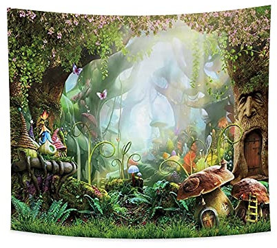 Haoyiyi 180x160cm Pilz Wald Wandteppich Elfen Häuschen Psychedelischer Wald Cartoon Wandbehang Blumen Zauberwald FrühlingsszeneWandteppich Abstrakt Wandkunst Spezielles Design für Schlafzimmerdekor