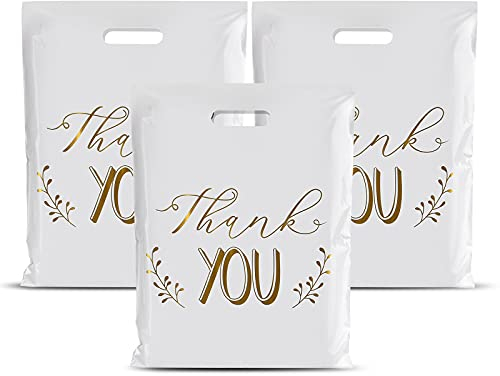 Lot de 100 Sacs Plastique Poignée Blanc, Sac Thank You Plastique Réutilisable 30 x 38cm, Sac Emballage Cadeau, Sacs de Transport Marchandise pour la vente au détail, les magasins, les étals de marché