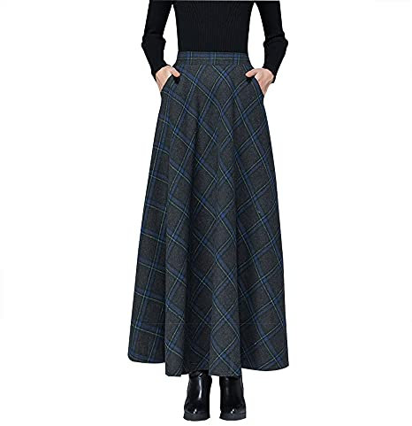 Damen Lange Rock Elegant Wollrock Winterrock Warm Plaid Casual Party Maxirock Hohe Taille A-Linie röcke Retro Elastische Taille Faltenrock Grau Blau -XXL