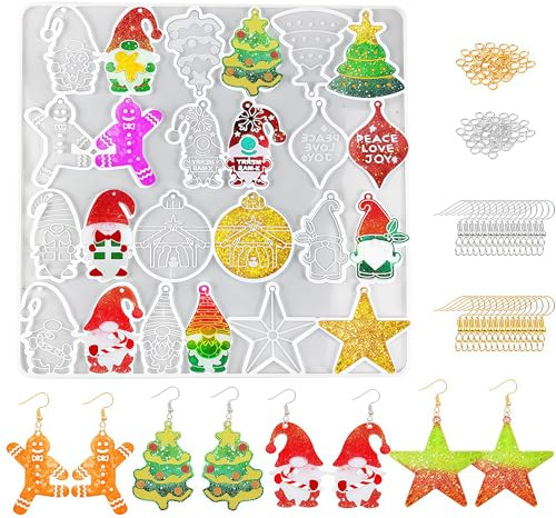 12 Pcs New Christmas Earring Silicone Mould Resin Moulds, Christmas Tree Shape Stars,Christmas Stockings,Santa Claus Silicone Earring Moulds with 100 Earrings Hooks and Open Jump Rings for DIY Crafts
