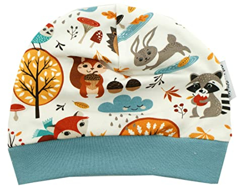 Kleine Könige Mütze Baby Jungen Beanie · Mitwachs-Funktion · Modell Waldtiere Cozy Forest, Rauchblau · Ökotex 100 Zertifiziert · Größen 39-42, Waldtiere bunt