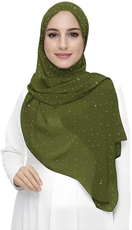 Lina & Lily Damen Hijab Kopftuch Schal mit Glitzer aus Premium Chiffon (Olivgrün)