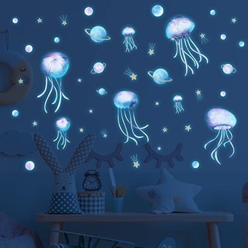 Yomaido Leuchtende Qualle Wandaufkleber 4 Stück, Glow in the Dark Wandaufkleber, Fluoreszenz Aufkleber Dekoration für Kinderzimmer und Babyzimmer