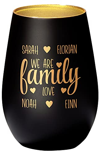 4you Design Windlicht We Are Family mit individueller Gravur Eltern, Geburtstaggeschenk für Mama, Papa, Oma und Opa - Geschenkidee für Familien - Schwarz- Schrift in Gold