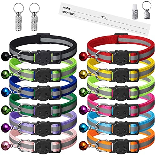 Extodry Katzenhalsbänder mit Glöckchen, reflektierend, ideal für Mädchen, Katzen, Jungen, Katzen, mit Namensschild, verstellbar, Haustierbedarf, Zubehör (12 Farben und 2 ID-Tags), 14 Stück