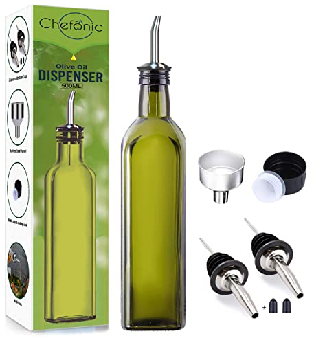 Chefonic Oil Dispenser 500 ml, Green Glass Oil Bottle, with 1 Funnel, 2 Stainless Steel Pourer, Olive Oil Bottle Drizzler, Sleek & Modern Oil Bottle for Kitchen, Cooking Oil Container (ODG01)