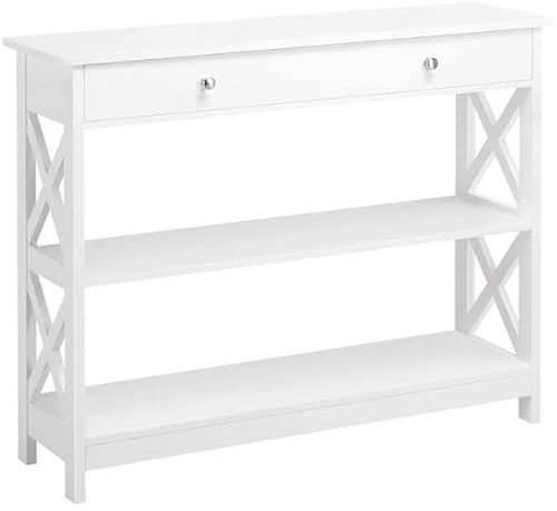 Abician Console à Grand Tiroir Table Console en Bois Massif et MDF Console à 2 Étagères de Rangement Table d'entrée Salon Cuisine Chambre Balcon 100 x 30 x 80 cm Blanc