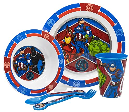 Set vajilla infantil reutilizable apta para microondas compuesta por vaso, plato, cuenco y cubiertos de Los Vengadores - Avengers