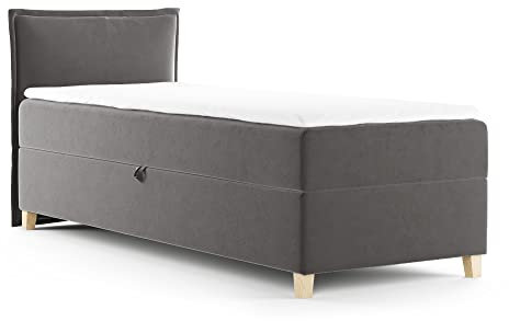 Sofnet Boxspringbett Fren Mini mit Bettkasten - Einzelbett mit Bonell-Matratze und Topper, Polsterbett mit Holzfüße, Bett, Schlafzimmer, Kinderzimmer (Graphit (Kronos 22), 90 x 200 cm)