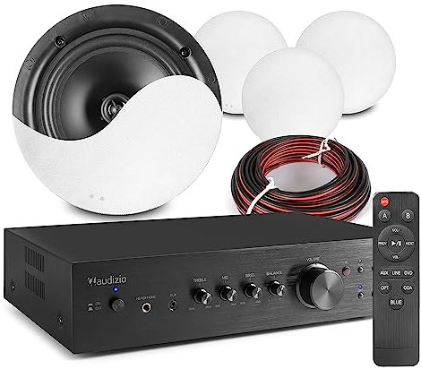 Audizio Bluetooth Ceiling Speakers and Amplifier System with 4x NCSS8 Two-Way 8 Speakers - Wireless Home Audio System for TV, Music Streaming & Entertainment, Amplifier with Remote Control
