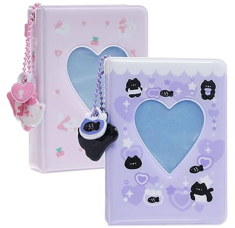 Lot de 2 albums de cartes photo, mini album photo Kpop, 7,6 cm, classeur de cartes photo creux en forme de cœur, mini porte-cartes photo à collectionner avec pendentif, porte-clés à faire soi-même, 40