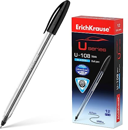 Erich Krause Kugelschreiber 0,3mm 12er Pack Schwarz - einfaches und weiches Schreiben - schlanke Form & transparent - Kulis & Schreibtischzubehör - U-108 Classic