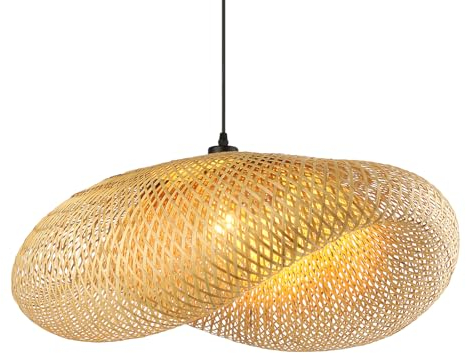 Schindora KreativitäT HäNgelampe Esstisch, Handgewebter Hut Bambus Pendelleuchte Holz, Retro Lampenschirm Boho, 100 Cm HäNgelampe Vintage, FüR KüChe, Esszimmer, Wohnzimmer, Restaurant, Helles Stroh