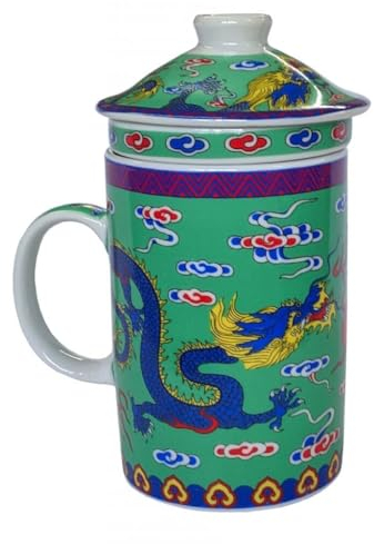 Porcelain Chinese Tea Mug with Infuser and Lid - Green Dragon Pattern