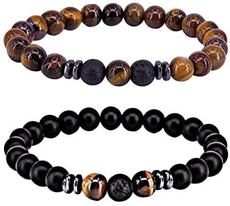 QincLing 2Stück Heilende Chakra Perlenarmband Schutz Obsidian Bracelet Lavastein Armband Onyx Natursteinperlen Tigerauge Stein Kugelarmband Schwarz Vulkanstein perlen 8mm für Glück Wohlstand