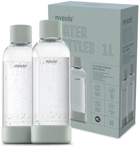 Mysoda : Bouteille réutilisable en PET sans BPA pour machine à eau gazeuse, avec verrouillage rapide et détails en composite de bois, 2 x 1 L - Vert Sauge (Pigeon)