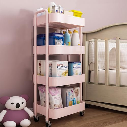 4-stöckiger Eisen-Aufbewahrungswagen mit 360° drehbaren Rädern, ideal für Küche, Schlafzimmer, Wohnzimmer, Mehrzweck-Roll-Organizer für bequeme Aufbewahrung zu Hause (weiß) (Rosa)