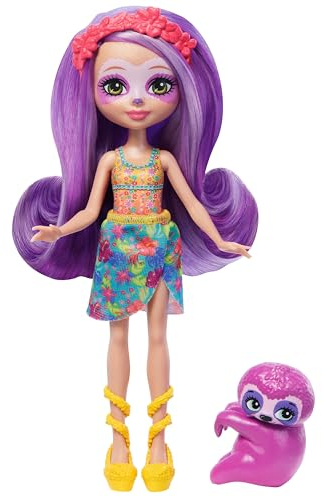 Enchantimals Puppen, Sunshine Beach Sabindra Sloth Puppe und Tierfreund Hang, kleine Puppe mit abnehmbarem Rock und Zubehör, Geschenk für Kinder, HRX82