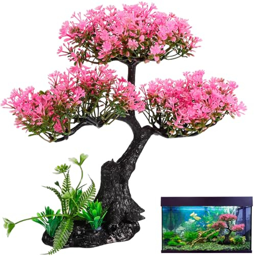 Aquarium Tree Plants Decorations, Artificial Cherry Blossom Tree Grass Set Plastic Plants for Fish Tank Accessories, Fish Tank Decorations