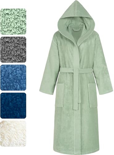 Morgenstern Bademantel Damen mit Kapuze 100% Baumwolle Frottee OEKO-TEX® Morgenmantel Marina Schilf-Grün Gr. M