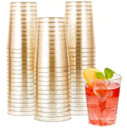 mauepersu 50 Stück Plastikbecher mit Glitzer Gold, 280ml Becher aus Kunststoff Wiederverwendbare Trinkbecher Elegante Party Weingläser für Champagner Bier Cocktail Martini Soda Dessert (9,5 x 7,5cm)
