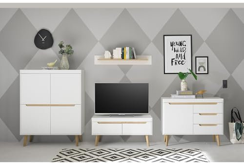 Lomadox Anbauwand in Weiß Matt mit Eiche, 4-teilig, Highboard, TV-Lowboard, Wandboard, Sideboard