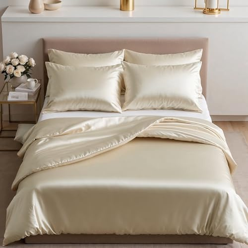 Cozyor Satin Bettwäsche 200x200 extra dick und weich mit robustem Reißverschluss 2X Kissenbezug 40x80 cm, edles Satin 3-teilig, beige Driftwood