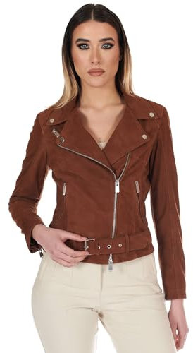 D'Arienzo Chiodo in Pelle Scamosciata Cuoio Donna Biker Vera Pelle Giacca Giubbotto Moto CHIODO D M/Cuoio