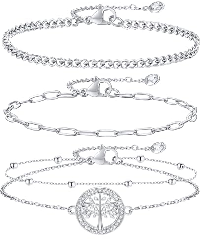 FLHEART 3 Stück Armband Damen Silber - Modeschmuck Silber Edelstahl Armband Damen mit Lebensbaum,Verstellbare 16+5cm Armschmuck Armbänder Set Armkette Geschenke für Mädchen Frauen