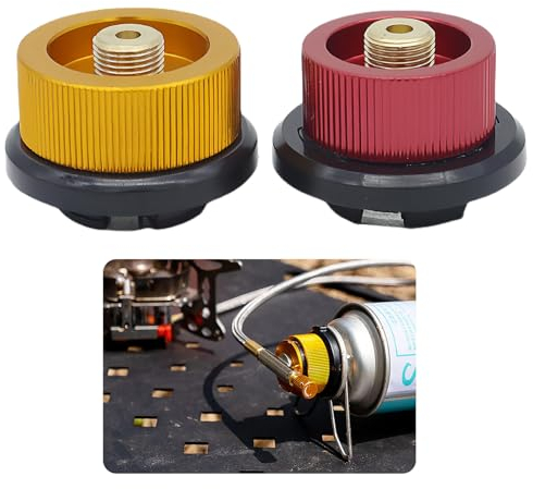 2 Pcs Gas Bottle Adapter, Portable Gas Canister Refill Adapter, Anti-Leakage Aluminum Alloy Gas Tank Nozzle Connector for Outdoor Camping Hiking, Butane Canister to Screw Gas Cartridge(Yellow, Red)