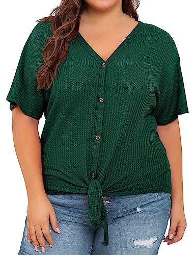 HOOUDO Sonderangebote Schnäppchen Damen-Oberteile in Übergröße, kurzärmelig, V-Ausschnitt, Strick-Tunika-Bluse, zum Binden vorne und mit Knöpfen Spitzenshirt Musselin Bluse Sale Angebote Bestellung
