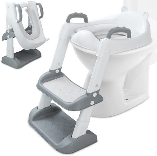 Snarflun Reducteur Toilette Enfant, Siège de Toilette Enfant Réglable en Hauteur Pliable avec Marches, Réducteur WC Enfant Siege Toilette Enfant avec Marche Tapis Antidérapant pour Garçon et Fille