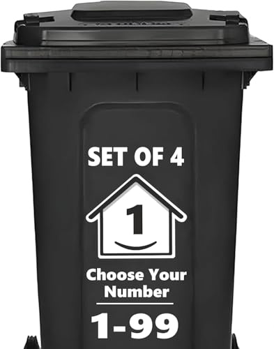 4 x Bin Numbers for Wheelie Bins, 1-99, 15cm ‘Happy House’ Design Dustbin Stickers, Easy Application Stick On Number Stickers - Weatherproof Self Adhesive Vinyl, Black (1)