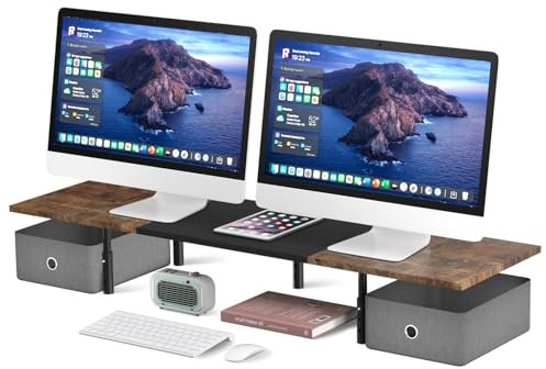 Suptek Large Monitor Stand Riser with Drawers, 3 Height Adjustable Wood Desktop Organizer Holds up to 50kg MST019