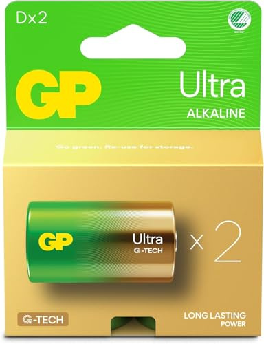 Batterie D - Lot de 2 | GP Ultra | Pile Torche Alcaline 1,5 V - Longue durée de Vie