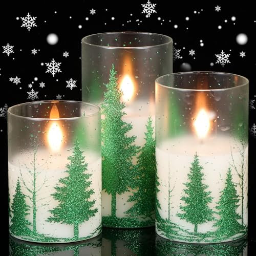 Eldnacele Christmas Tree Glass Flameless Candles with Remote and Timer, Battery Operated LED Christmas Candles Flickering for Home Decoration Gift (Green)