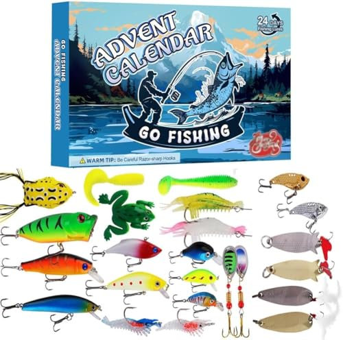 Angeln Adventskalender, Angeln Weihnachten Countdown, 24 Tage Angelköder Set für Angelliebhaber Erwachsene Männer Teenager Vater Freund Opa 2024 Xmas Surprise Geschenk (A)