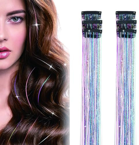 6 Stück Glitzer Haarsträhnen Lametta,7 Farben Glitzer Haarsträhnen,50 cm Lametta Hair Extensions Glitter Glitzersträhnen für Frauen Mädchen Kinder Cosplay Party Zubehör