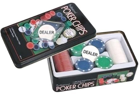 OXYN Set da Poker Gioco Professionale 100 Fiches Chip 38,5 x 2,7 mm con Numero Disegno Scatola Cofanetto in Metallo per Texas Hold'em Omaha Blackjack Carte Giochi da Tavolo con bottone Dealer Bui