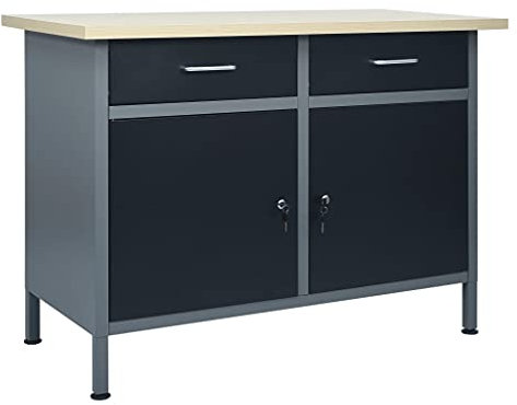 IKAYAA Banco de Trabajo de Acero 120 x 60 x 74 cm, con 2 Cajones y 2 Compartimento con Cerradura, Mesa de Trabajo Taller, Banco de Trabajo Taller, Mesa Trabajo, Banco de Carpintero, Banco Herramientas