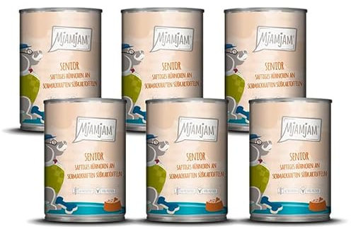 MjAMjAM - Premium Nassfutter für Hunde - Senior - saftiges Hühnchen an schmackhaften Süßkartoffeln, 6er Pack (6x400g), getreidefrei