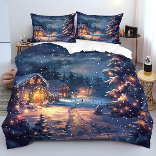 Tospass Weihnachts Bettwäsche 135 x 200 cm Dorf-Weihnachtsbaum Warmes Weiche Bettwäsche Set Weihnachten Microfaser Bettbezug mit Reißverschluss und 1 Kissenbezug 80x80 cm
