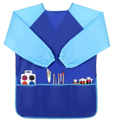 Kids' Waterproof Art Apron with Long Sleeves and 3 Pockets - Toddler Painting Smocks for Ages 2-8 (Blue)