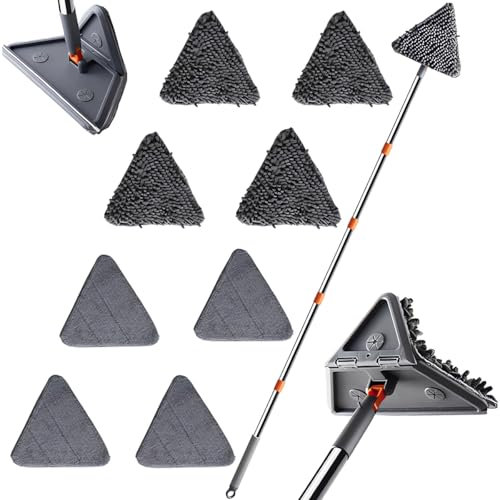 Wall Mop Cleaner Long Handle 207 cm,180° Folding Ceiling Cleaning Tool with Squeegee,Triangle Baseboard Scrubber with 4 Chenille Duster and 4 Microfiber Pads for Cleaning Window, Cabinet