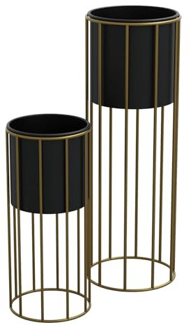 HAGO24 | Blumenständer 2er Set | 46,7cm 70,5cm | Pflanzentopfhalter Schwarz Gold | Balkon Terrasse | entnehmbarer Blumentopf | wetterfest Stahl | Indoor Outdoor |