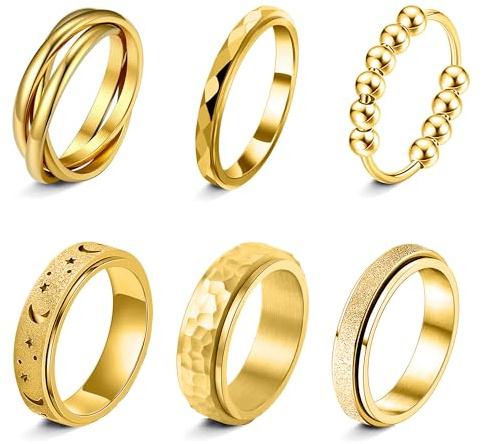 LOFITOR 6 Stück Anti-Angst Spinner Ringe Fidget Band Ring für Stress Angstlinderung für Damen Herren Edelstahl Roller Anti-Stress Ringe Set Coole Anxiety Band Ring CZ Mond&Stern Gold Silber