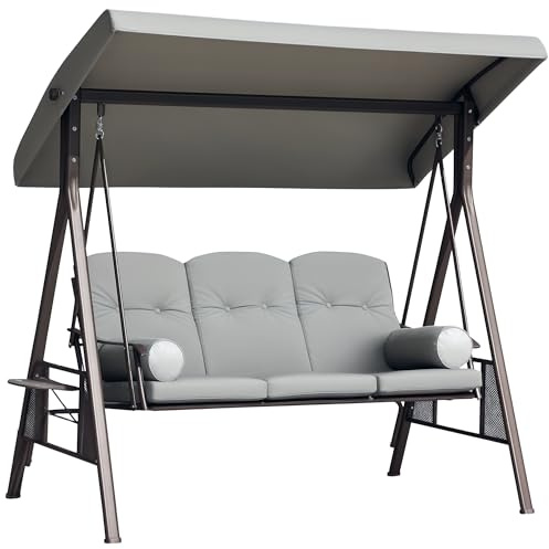 Outsunny Gartenschaukel 3-Sitzer hoher Komfort Dach verstellbare Neigung Kissen versenkbare Tabletts Polyester Garn hellgrau