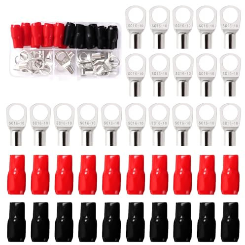 YIXISI 40 Stücke M10 SC16-10 AWG6 Ringkabelschuhe Set, Röhrenförmige Batteriekabelenden, Kupferkabelschuhe, mit Isoliertüllen Sleeve, für Elektrokabel, Silber